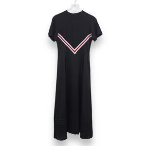 SJYP Jersey Layered Midi Dress L Short Sleeve Crew Chevron A-Line Pocket Black